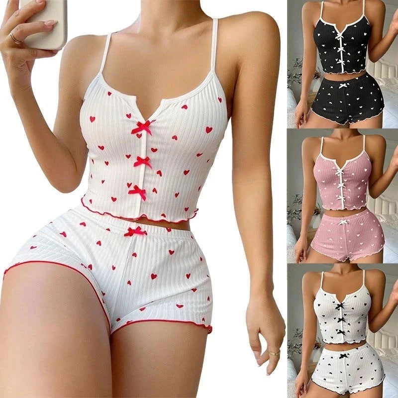 Women's Heart Print Frill Trim Cami Top & Shorts Pajama Set | Soft Ribbed Loungewear