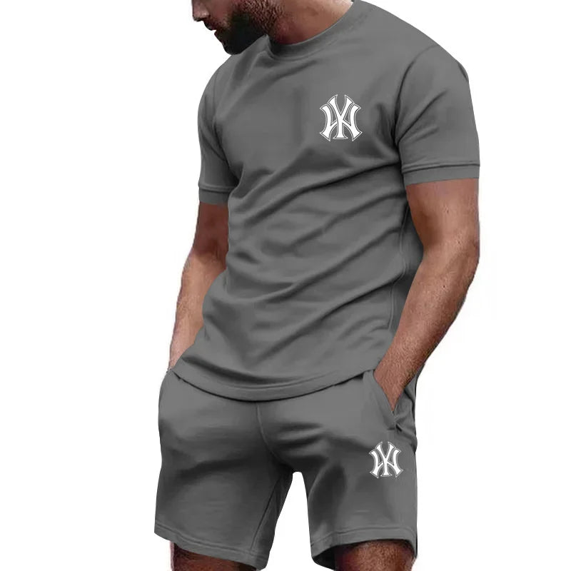 Men's Print Short Sleeve T-Shirt & Drawstring Shorts Running Fitness Set