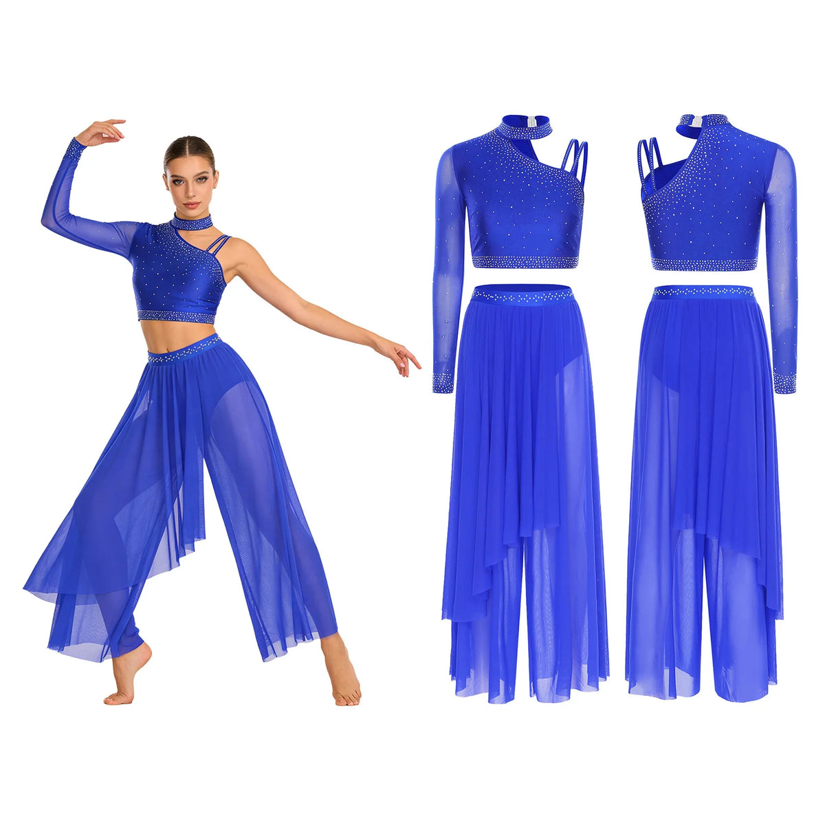 Women's Dance Performance Costume – Shiny Crop Top & Sheer Pants for Skating, Gymnastics & Ballet