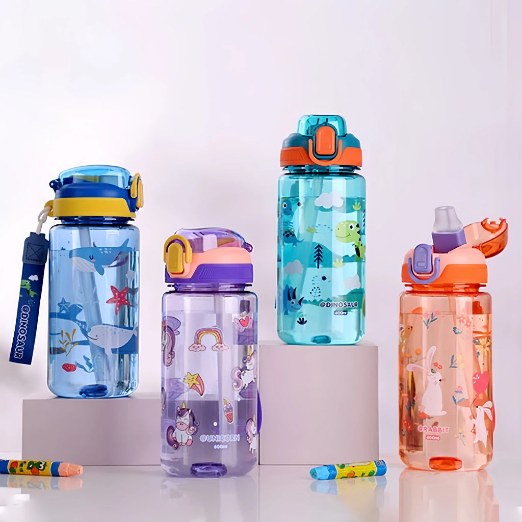 600ml Dinosaur Kids Water Bottle – BPA-Free Silicone Straw Sippy Cup, Leakproof with Carry Rope
