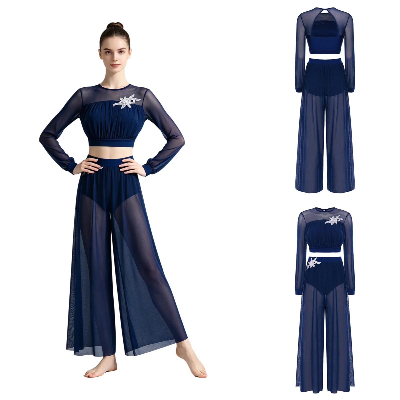 Women's Dance Performance Costume – Shiny Crop Top & Sheer Pants for Skating, Gymnastics & Ballet