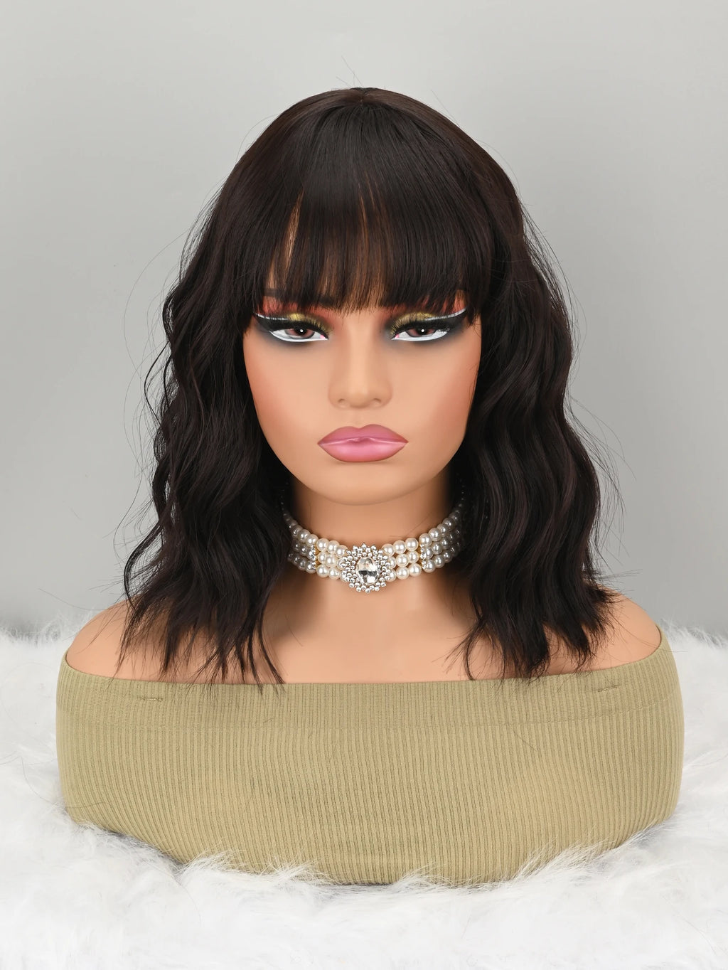 Natural Brown Synthetic Curly Wavy Bob Wig with Bangs for Women
