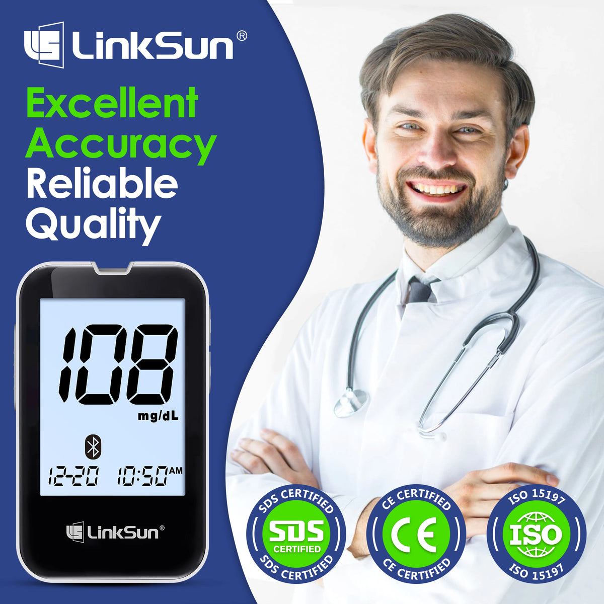 LinkSun G-427B Bluetooth Blood Glucose Meter Kit – Smart App-Connected Glucometer with Large Display & High Accuracy Diabetes Monitoring