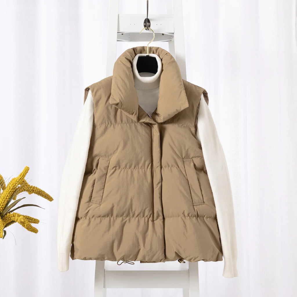 Women's Sleeveless Down Vest – Thick Zip-Up Adjustable Waist Winter Outerwear
