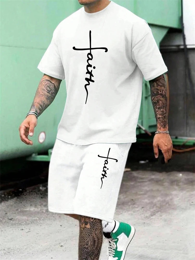 Men's Cross Print Short Sleeve T-Shirt & Shorts Set – Casual 2-Piece