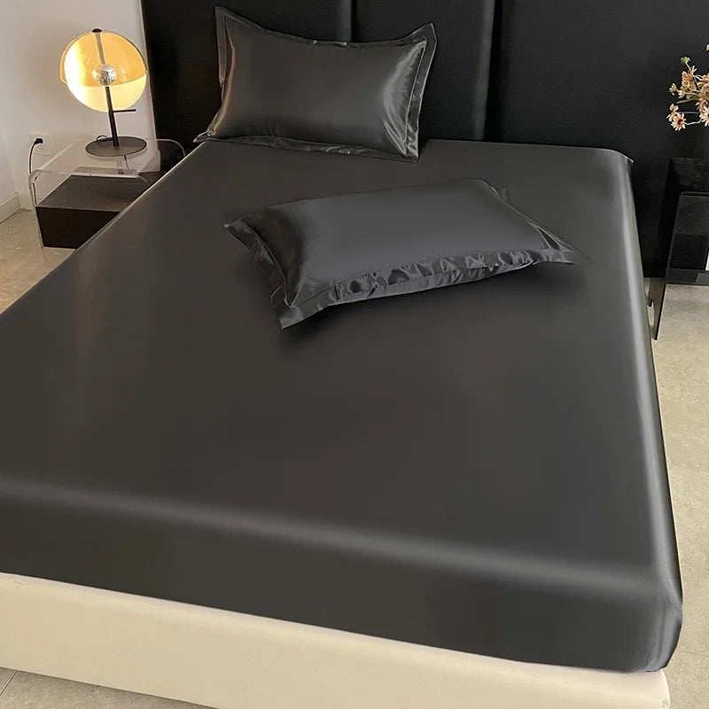 Satin Ice Silk Elastic Fitted Sheet – Solid Color Mattress Cover, No Pillowcase