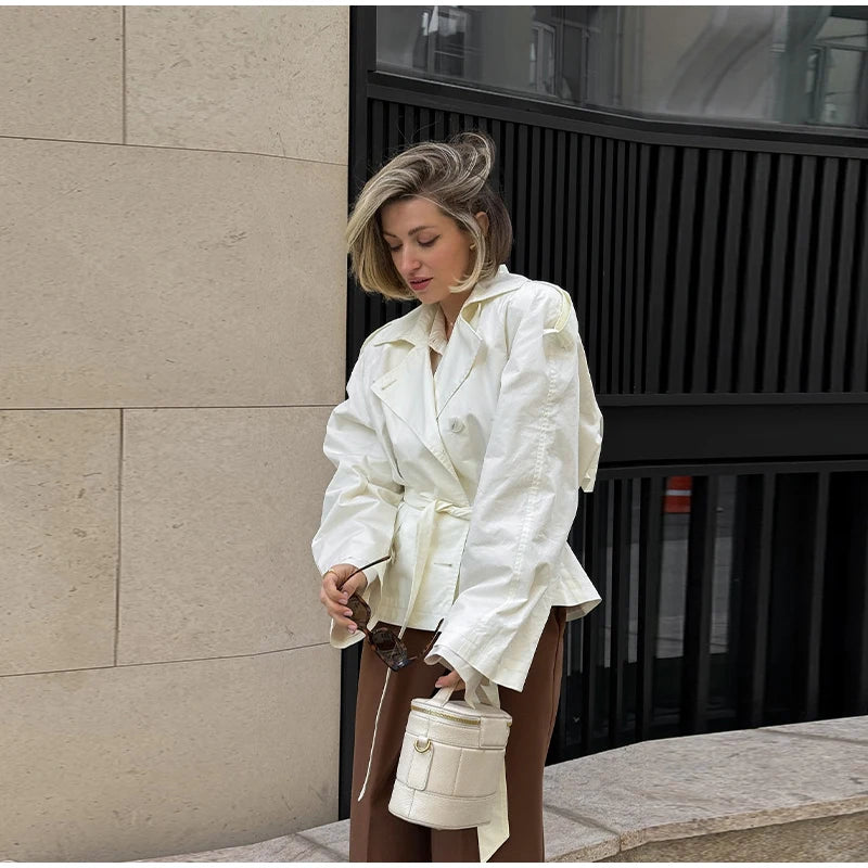 Women's Double-Breasted Cropped Trench Coat – Chic Vintage Office Jacket