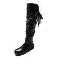 Women's Pleated Knee-High Boots — Low Heel Leather