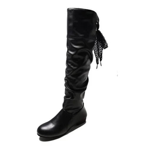 Women's Pleated Knee-High Boots — Low Heel Leather