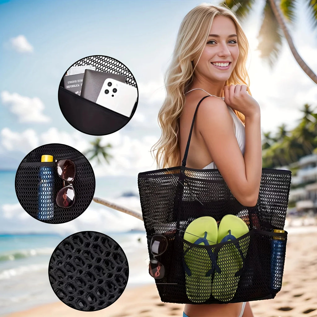 Women's Large Capacity Beach Tote Bag – Durable Polyester Woven Shoulder Bag for Travel & Shopping