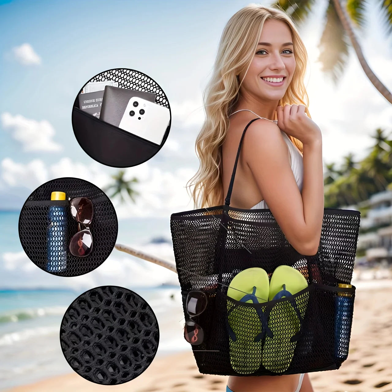 Women's Large Capacity Beach Tote Bag – Durable Polyester Woven Shoulder Bag for Travel & Shopping