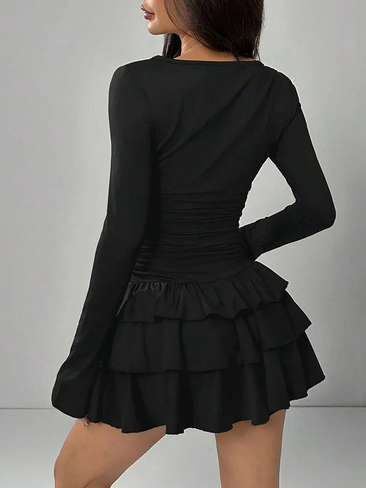 Cascading Ruffle Flare Sleeve Mini Dress — High Waist Slim Bodycon Party Dress