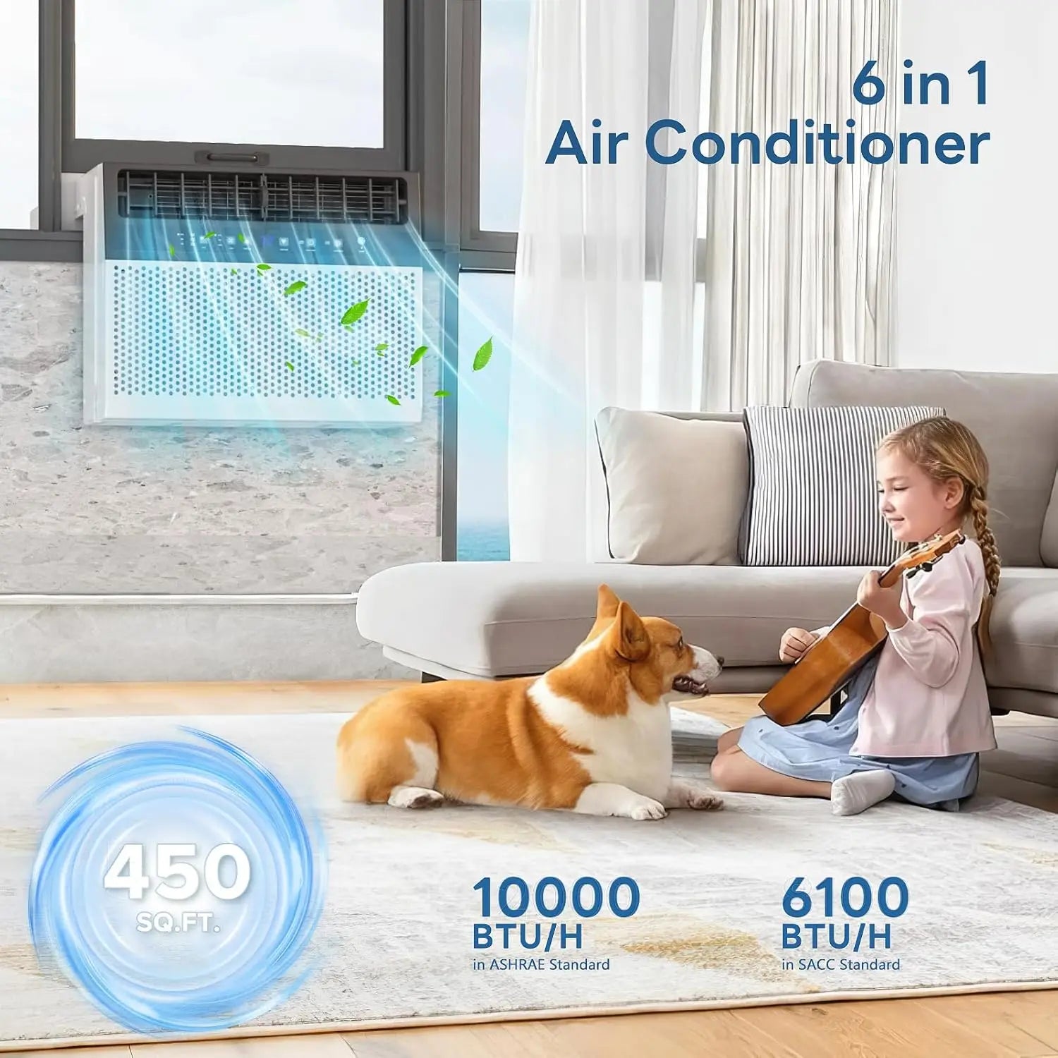 U-Shaped 10,000 BTU Window Air Conditioner — 6-in-1 Saddle AC with Cool, Fan & Dehumidifier, Energy Efficient, Low Noise, Cools up to 450 Sq Ft