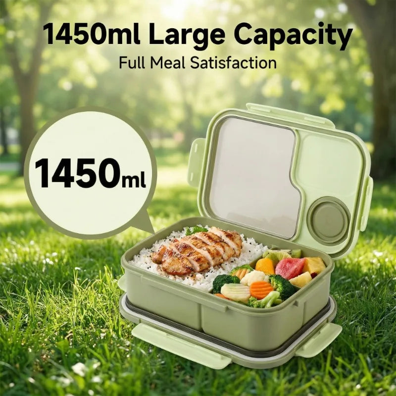 Green bento box with food on grass, highlighting 1450ml capacity.