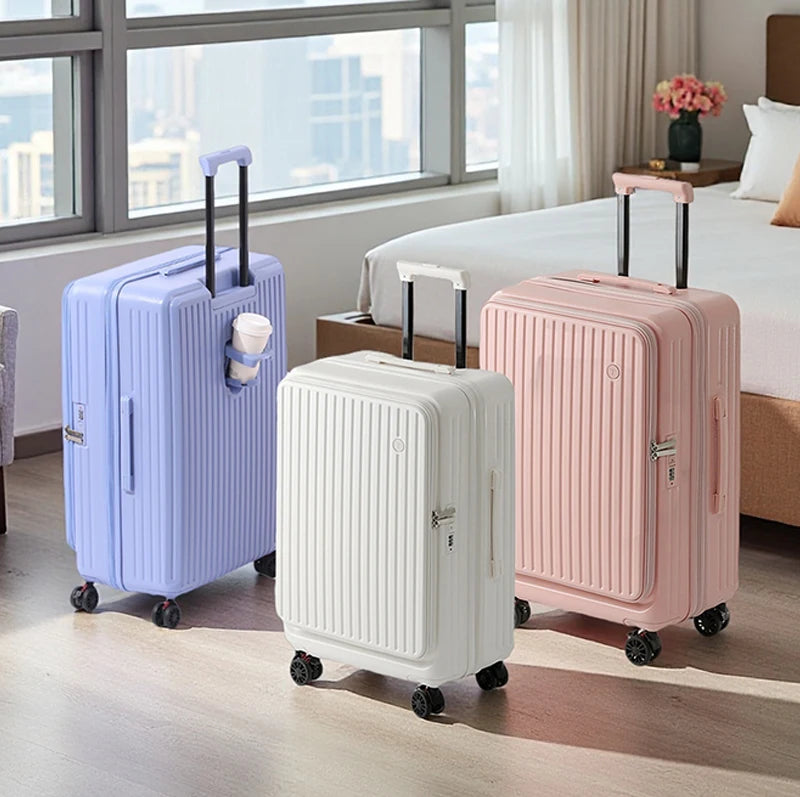 Expandable Front-Opening Suitcase – Cup Holder & Spinner Wheels