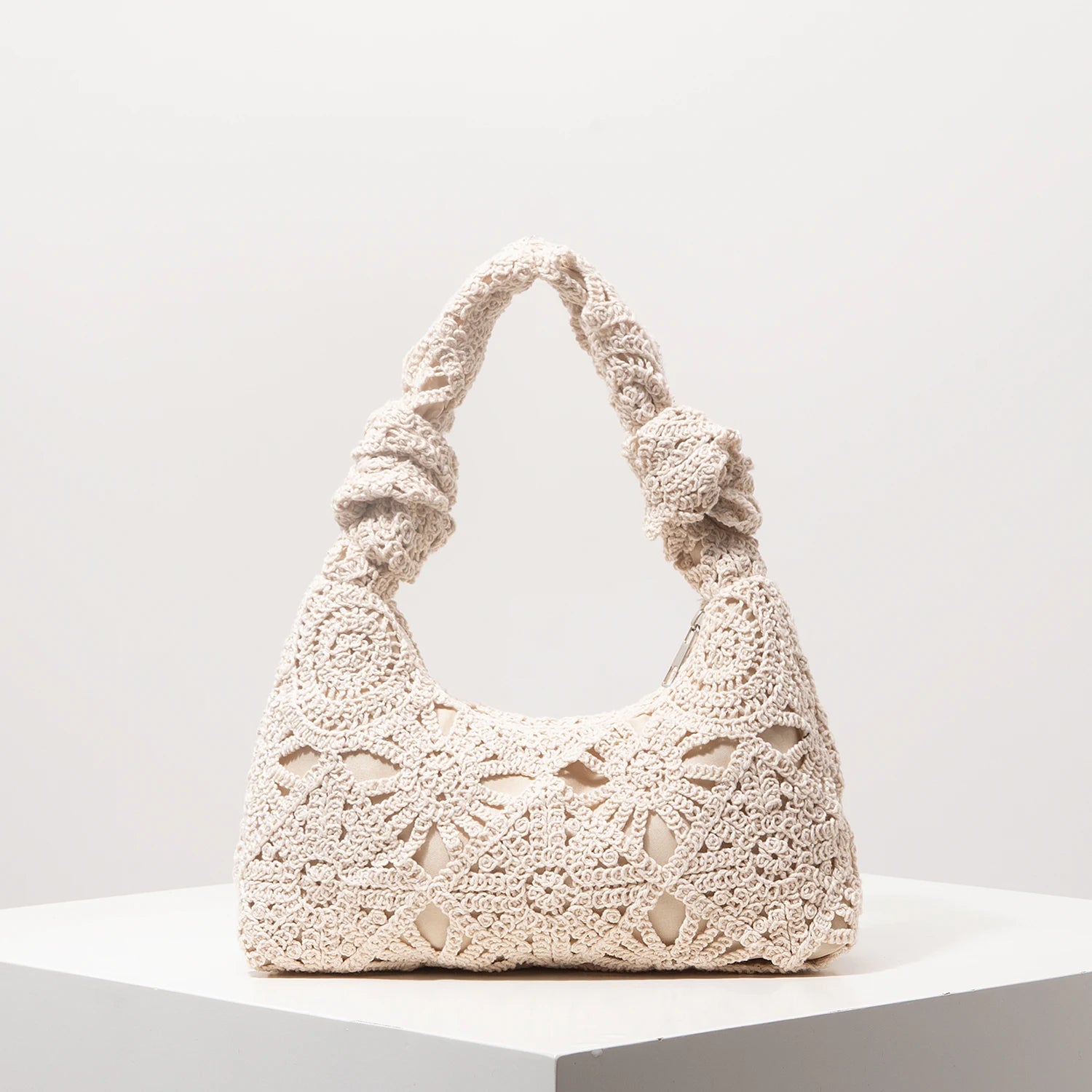Boho Floral Half-Moon Beach Bag – Hollow-Out Polyester Shoulder Bag for Women