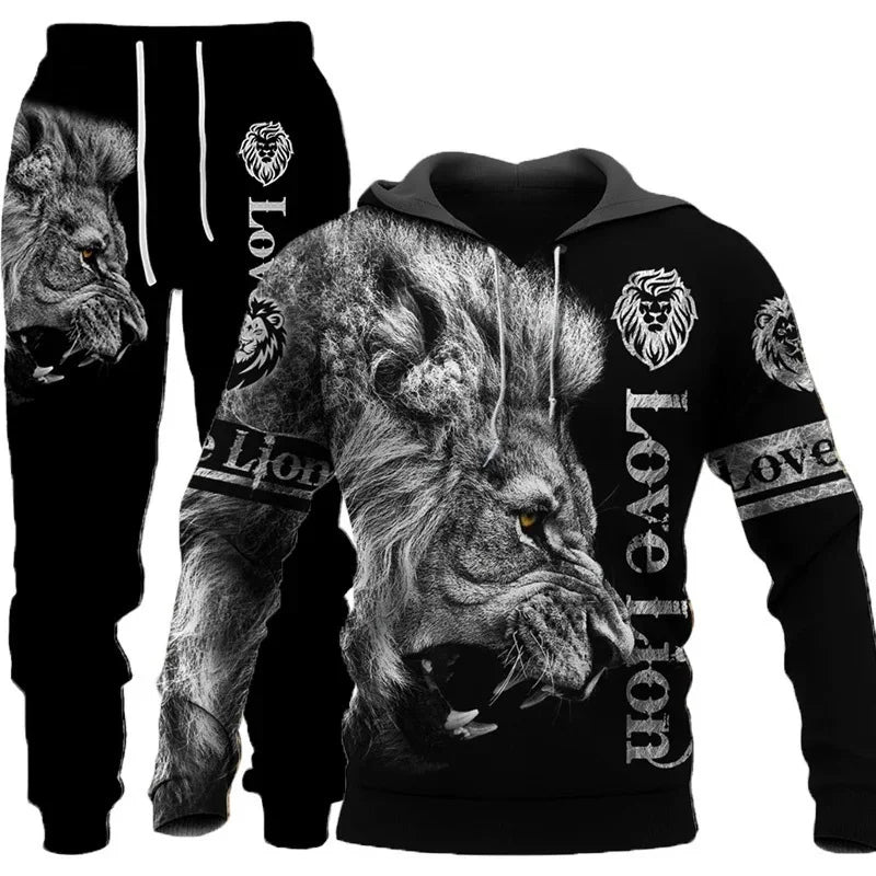 Men's 3D Tiger Print Hoodie & Pants Tracksuit Set – 2-Piece Sportswear