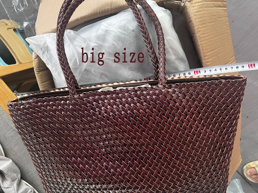 Handmade Woven Cowhide Leather Bucket Tote Bag – Romantic Beach Shoulder Handbag for Women