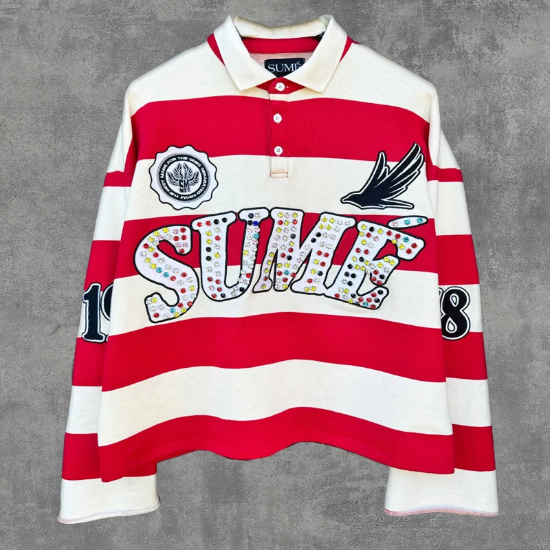 Y2K Rugby Diamond Embroidery Stripe Polo & Long Sleeve Shirts Co-ord Set – Oversized Unisex