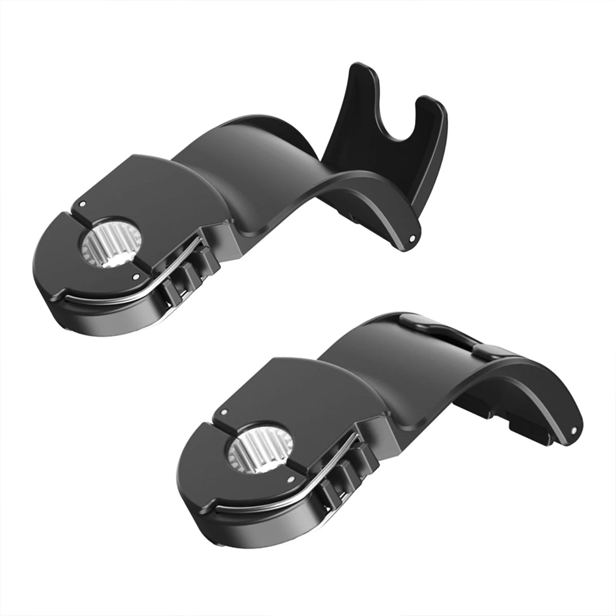 Two black car air vent phone holders on a white background
