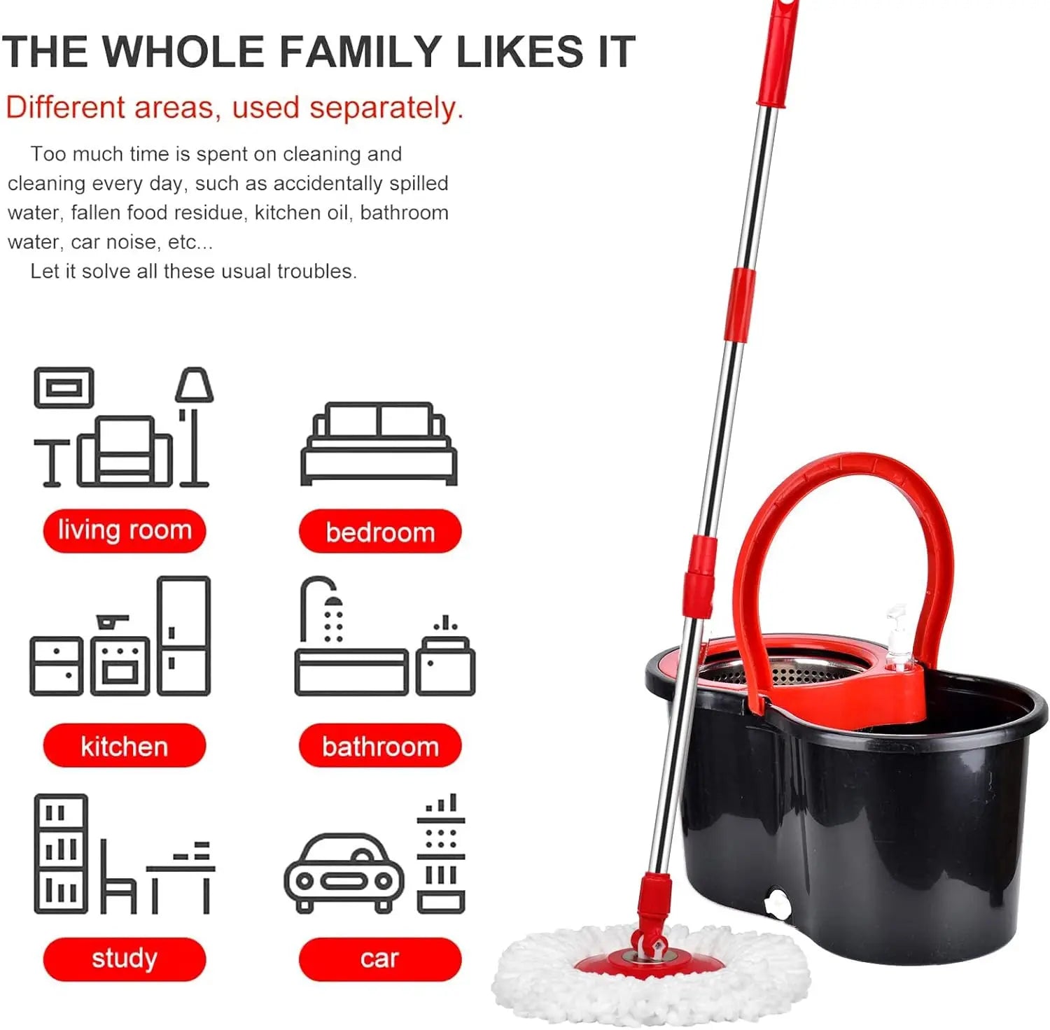360° Spin Mop & Bucket Set — 3 Microfiber Heads, Stainless Steel Basket, 61" Adjustable Handle