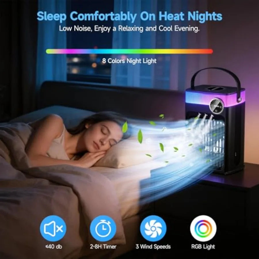 4-in-1 Portable Evaporative Air Cooler — 1200ML Tank, Remote Control, 2-8H Timer & Quiet Cooling Fan