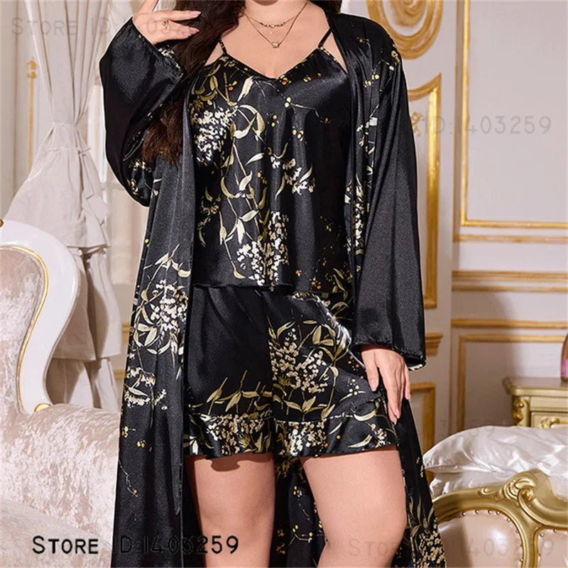 3-Piece Floral Kimono Robe & Pajama Set — Satin Loungewear