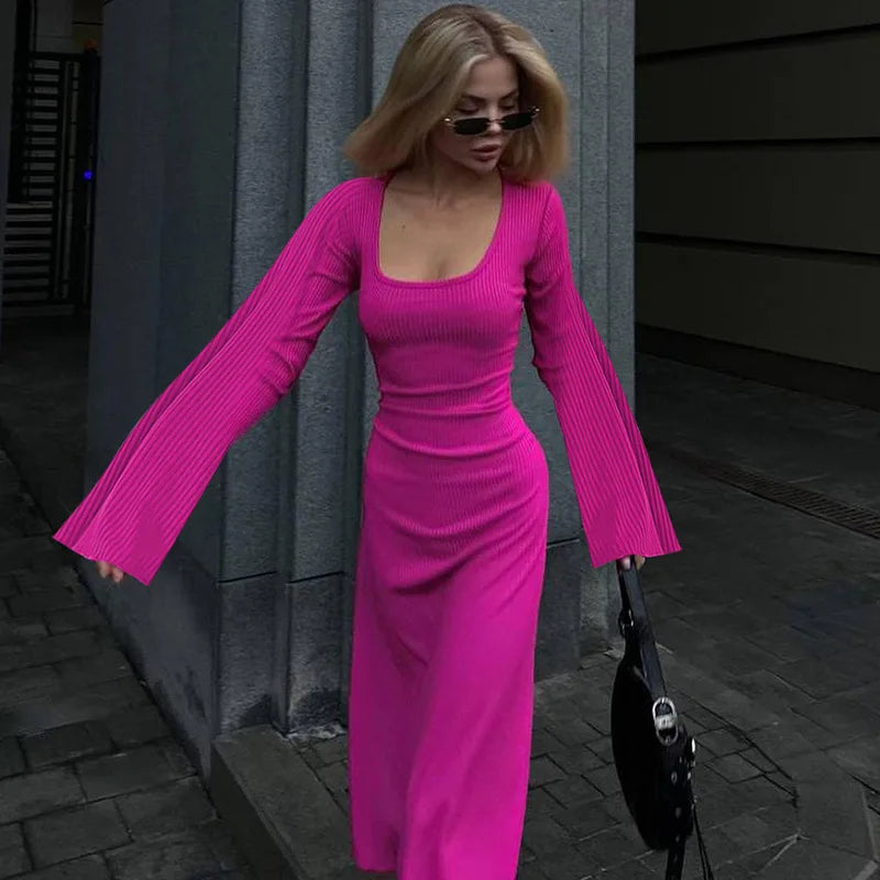Long Flare Sleeve Maxi Dress — Slim Lace-Up Floor-Length Casual Office Dress