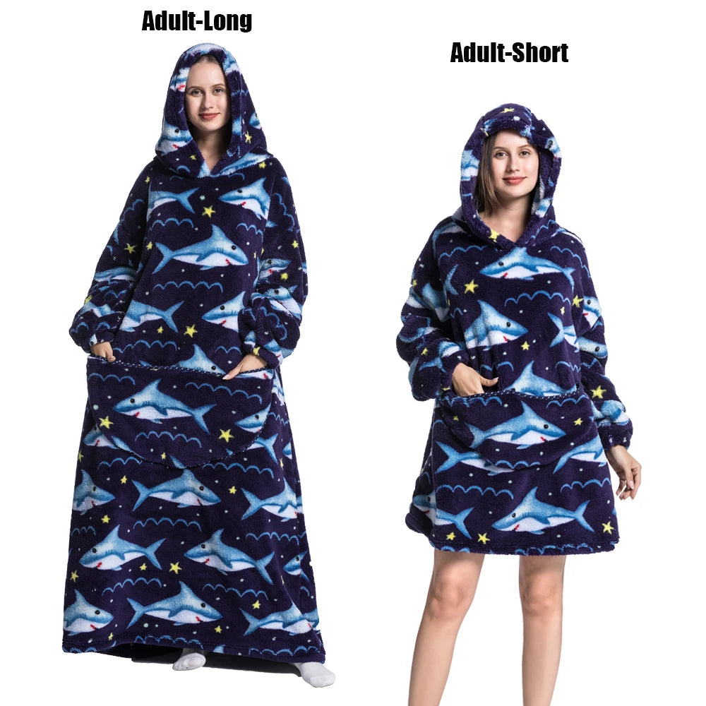 Oversized Wearable Blanket Hoodie – Plush Fleece with Sleeves, Hood & Pocket, 40 Designs