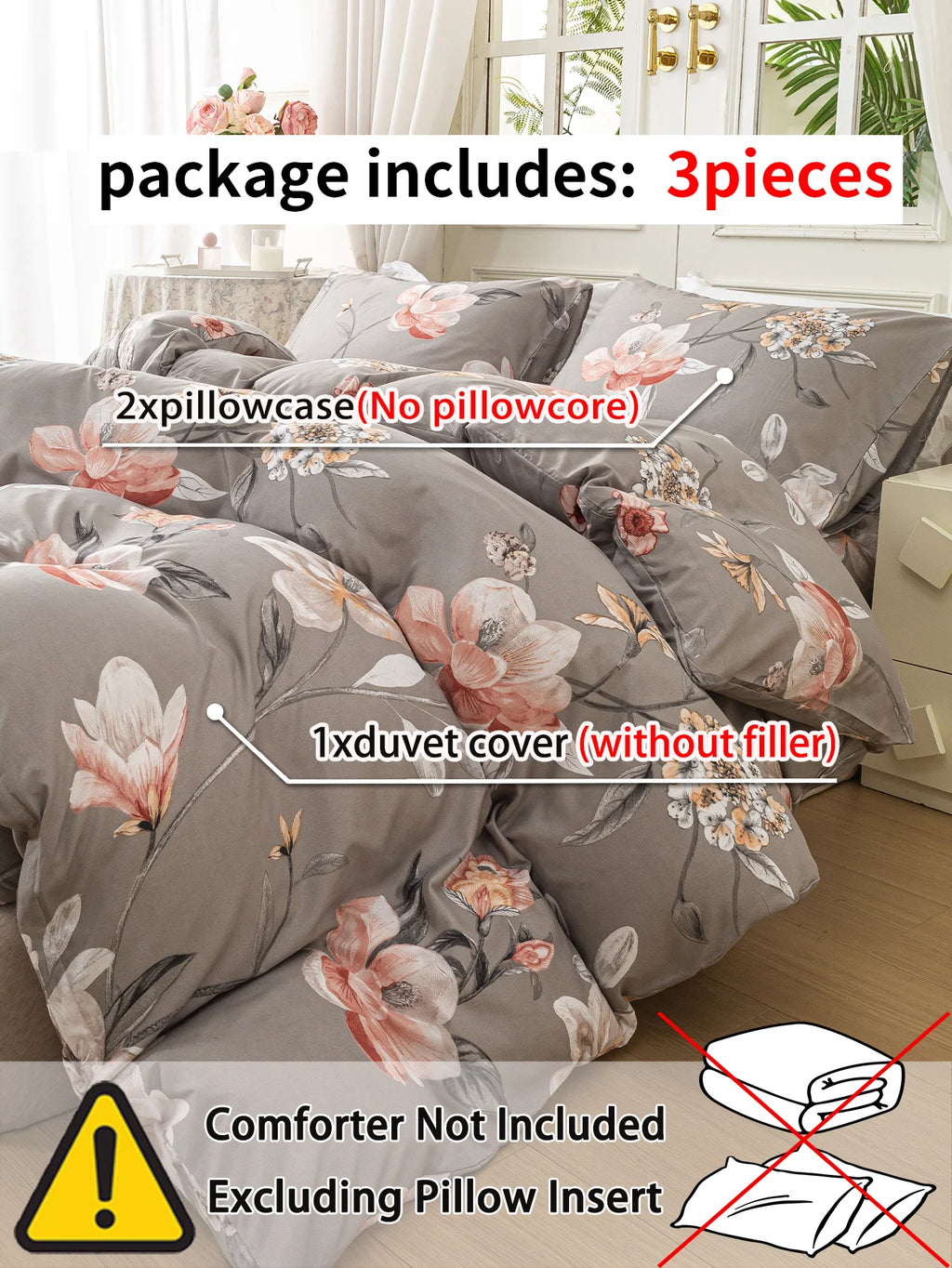 Leaf Floral Print Duvet Cover Set – Soft 3-Piece Bedding with 2 Pillowcases, 2 Colors & 11 Sizes
