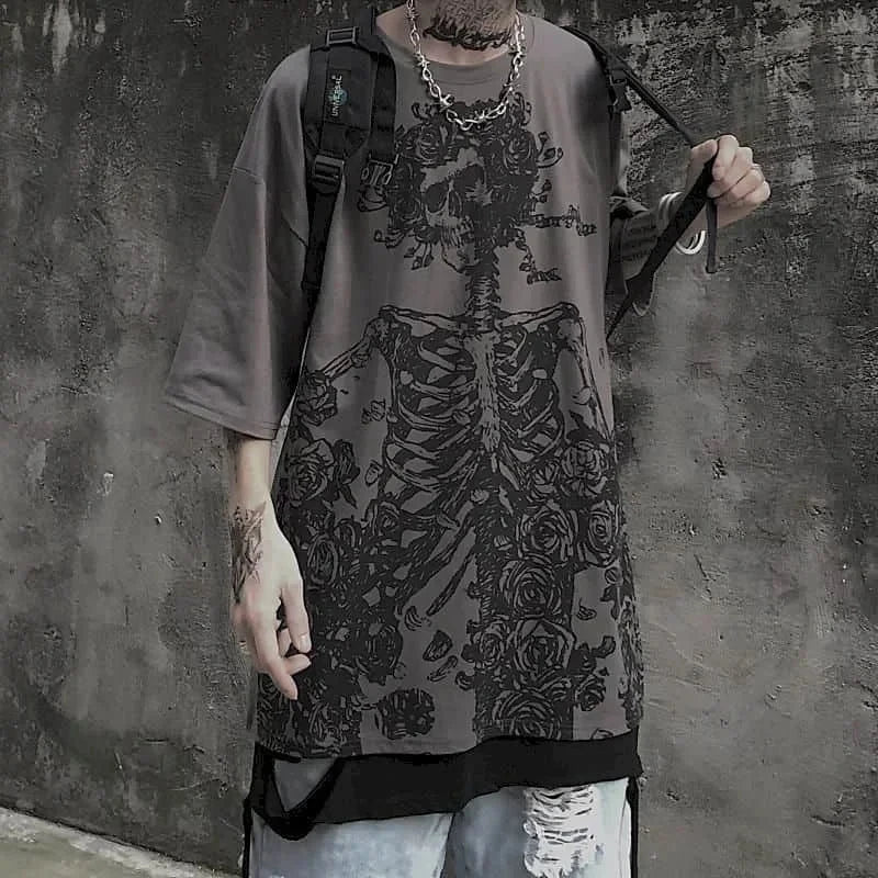 Men's Gothic Skull Oversized T-Shirt — Dark Anime Vintage Streetwear Tee