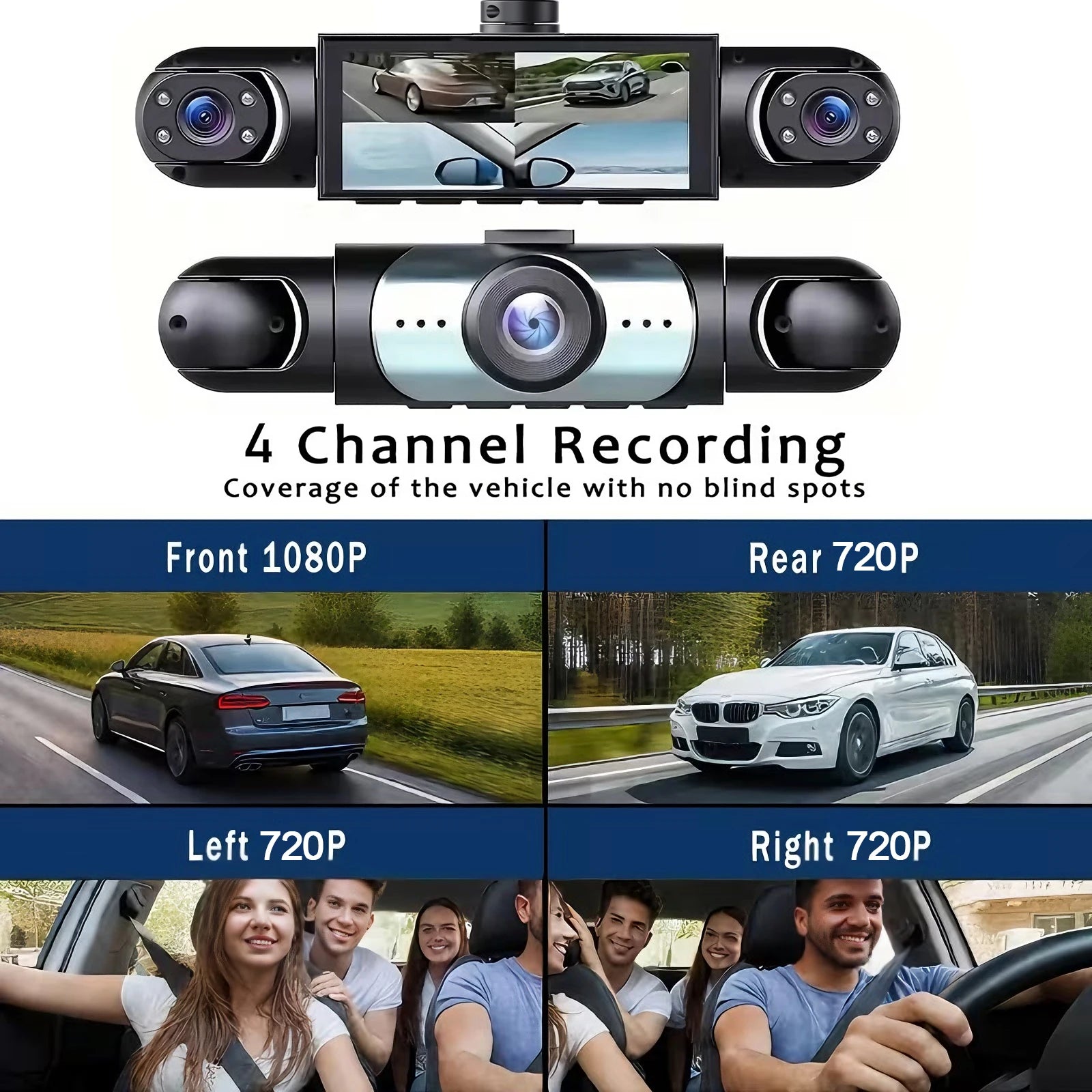 360° 4-Camera Car Dash Cam DVR System – Front, Rear, Interior & Side, Night Vision, Loop Recording