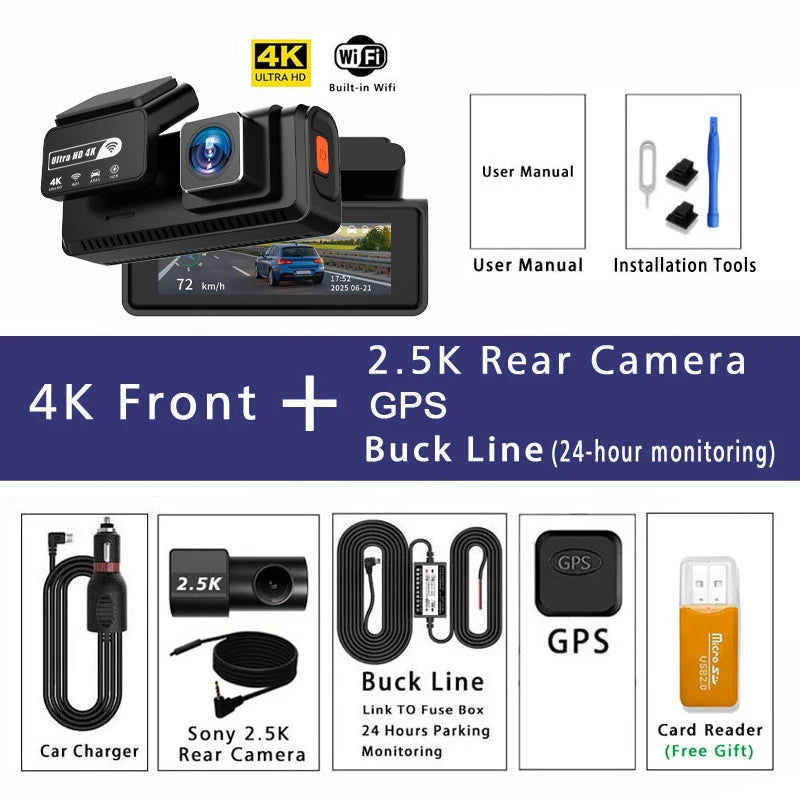 ADAS 4K+2.5K Dash Cam – GPS, WiFi, 24H Night Vision, Optional Rear Lens, Mini Car DVR