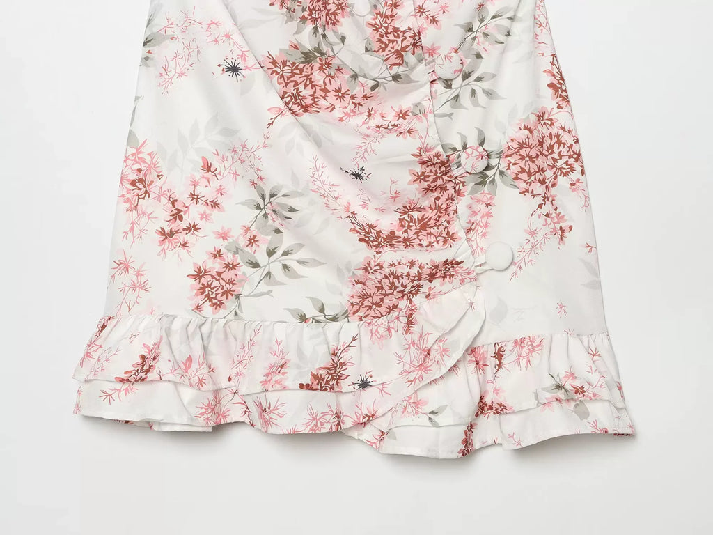 Women's Floral Ruffle Slim Dress – Deep V-Neck Double Layered Ruffled Hem Party & Daily Gown