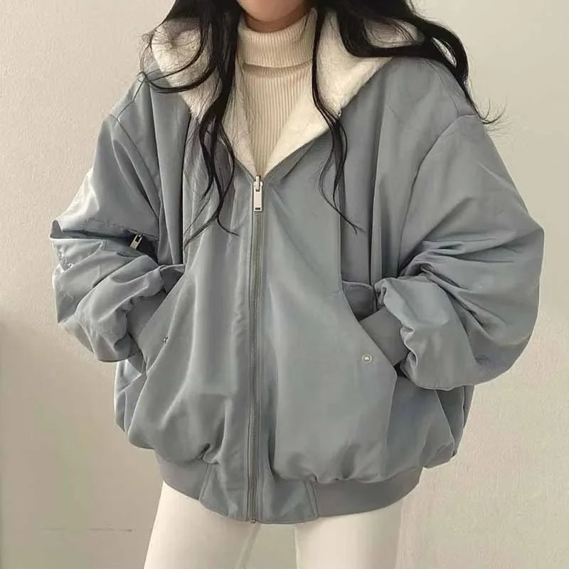 Women's Hooded Fleece Parka – Thick Zip-Up Korean Loose Winter Coat