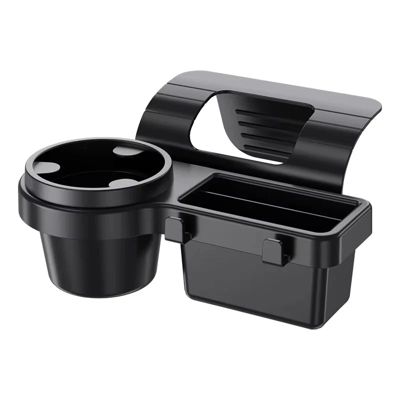 Black car cup holder with storage compartment on a white background
