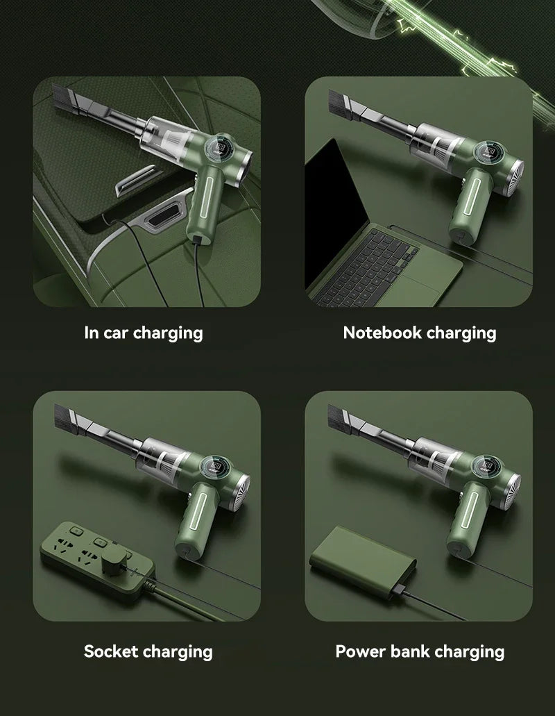 Rechargeable portable car vacuum shown with multiple USB charging options for car, home, laptop and power bank use