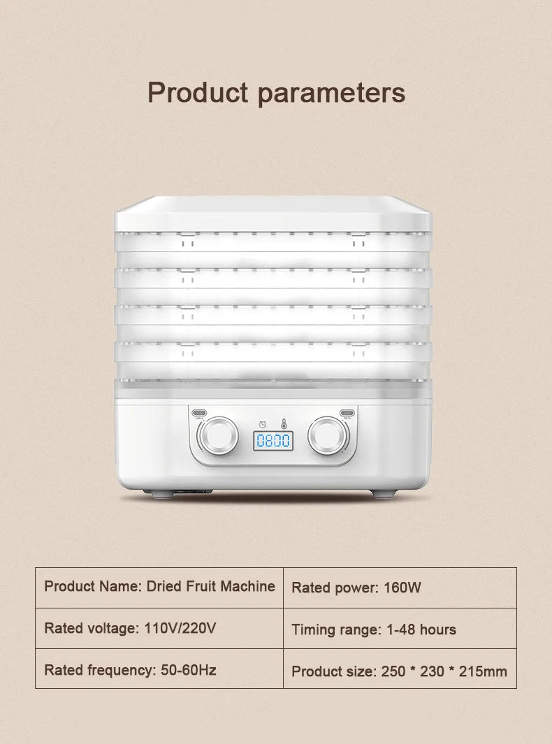 Mini Food Dehydrator – 5 Trays, 110V, Dried Fruit, Vegetables, Herbs, Pet Meat & Snacks Air Dryer