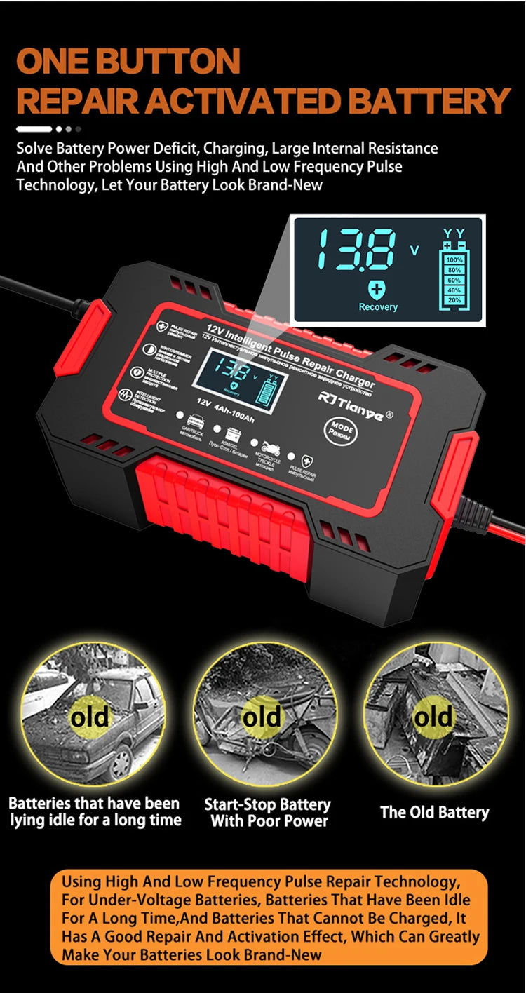 12V 6A Smart Car Battery Charger — LCD Touch Screen Pulse Repair for AGM, GEL & Lead Acid Batteries