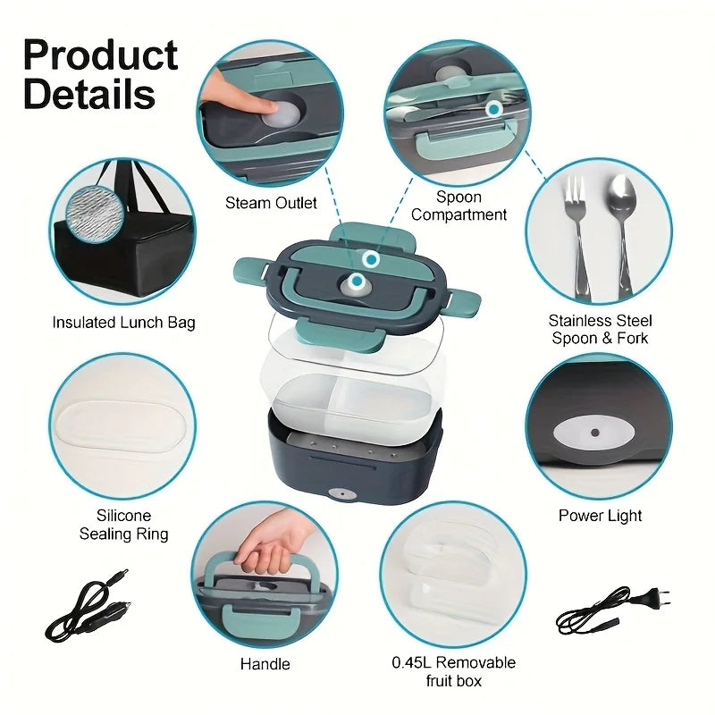 Electric Lunch Box Food Heater — Double Compartment Portable Warmer for Home, Car & Camping (110V-240V / 12V-24V)