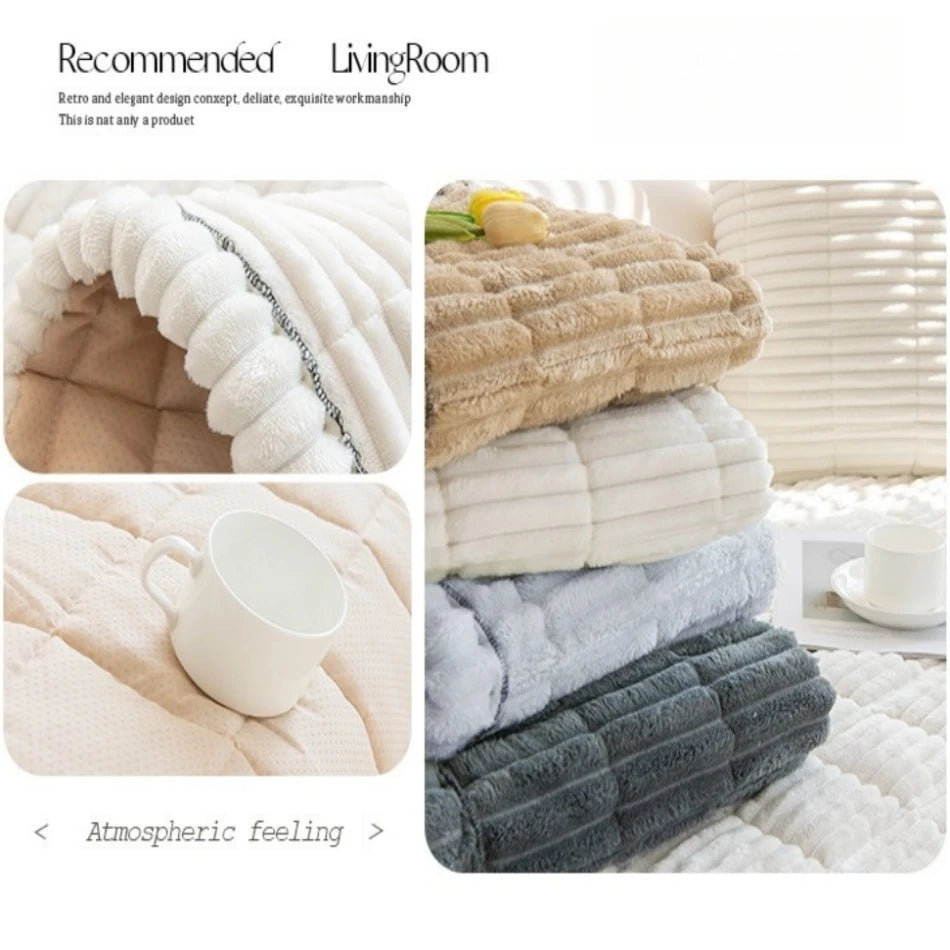 Quilted Stripe Flannel Sofa Pad – Thickened Winter Sofa Cover, Slipcover & Multiuse Sofa Towel