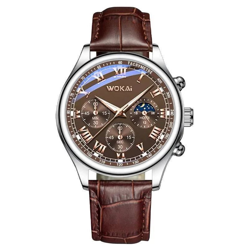 Men's Moon Phase Chronograph Quartz Watch | Luminous Leather Strap Luxury Sport Wristwatch