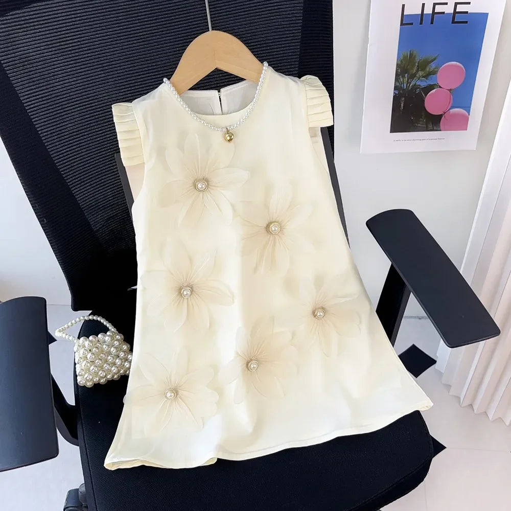 Girls 3D Flower Vest Princess Dress — Wedding & Party Dress (2–7 Years)