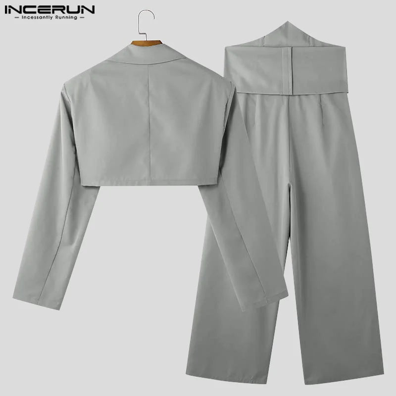 Men's Cropped Waistband Wide Leg Pants & Top Solid 2-Piece Set S–5XL – Handsome Casual Suit