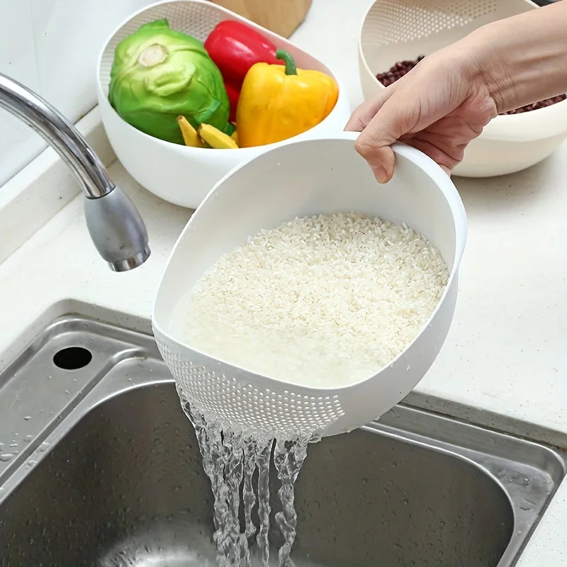 Rinse Rice, Veggies & More — Multi-Purpose Rice Drainage Basket | Oval Colander Sieve, Fine Holes, Eco-Friendly Plastic