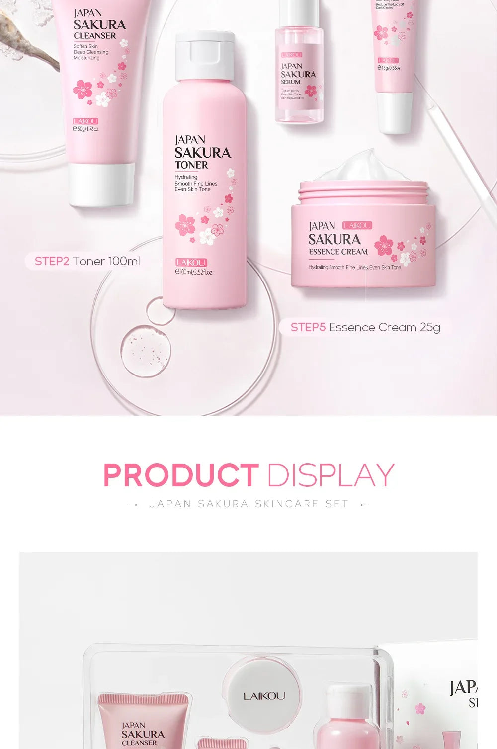LAIKOU Sakura 5-Piece Korean Skincare Gift Set — Moisturizing & Brightening Routine