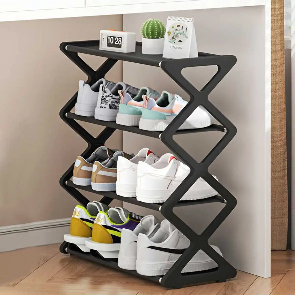 4-Tier X-Type Dustproof Shoe Storage Rack — Foldable Steel Organizer for Entryways, Bedrooms & Dorms