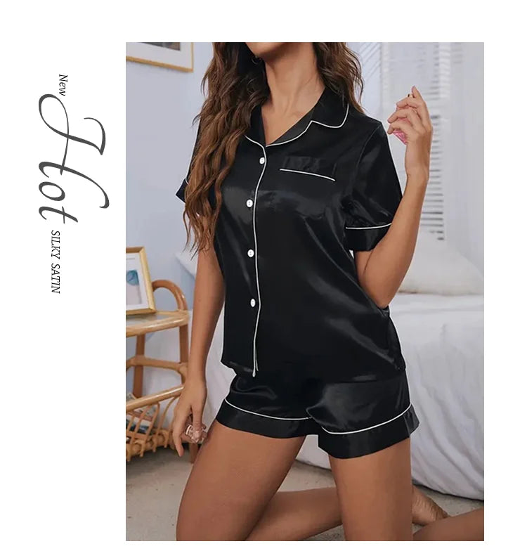 Women's Satin Sleepwear Set | Button Down Top & Shorts 2-Piece Summer Pajamas