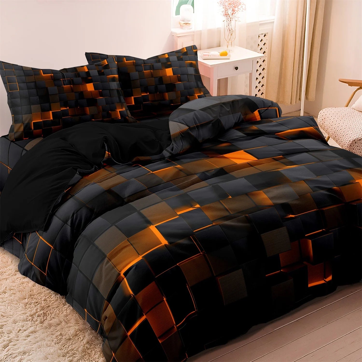 3-Piece Geometric Grid Plaid Duvet Cover Set – 1 Duvet Cover & 2 Pillowcases, Twin to King
