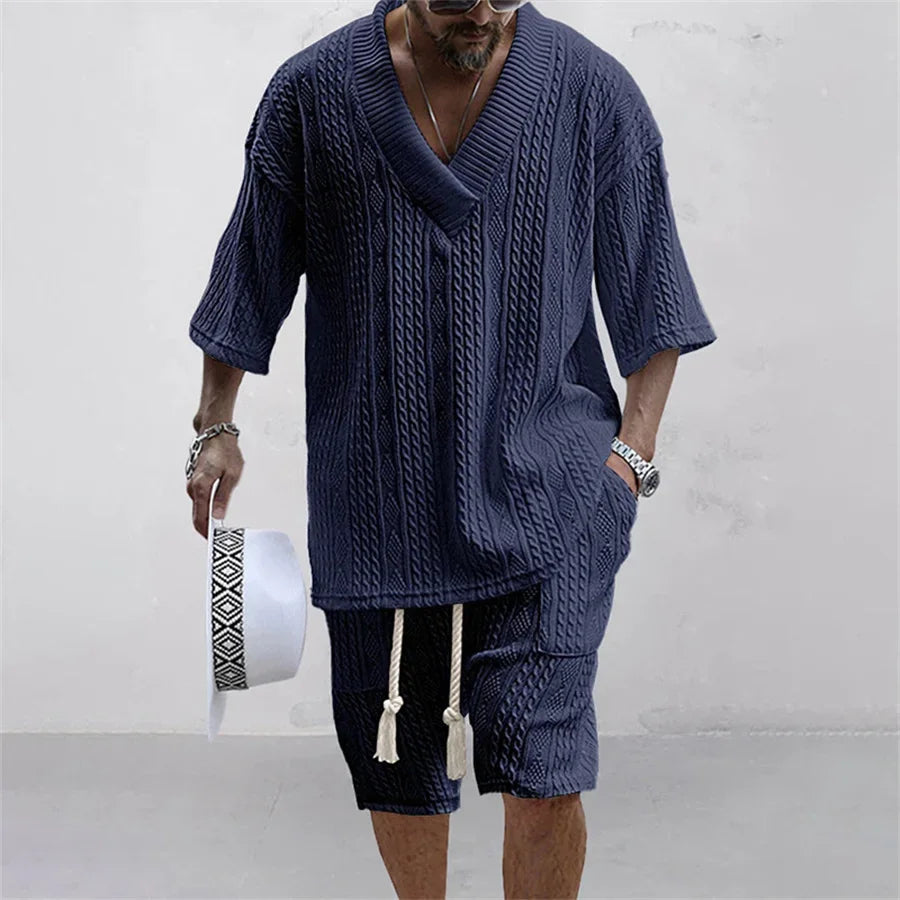 Men's Knitted V-Neck T-Shirt & Shorts Set – Casual Streetwear 2-Piece Outfit